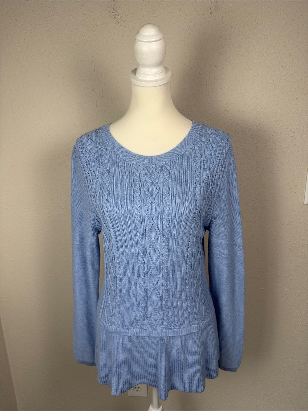 Talbots Cable Knit Sweater Women’s Med Light Blue Cashmere Blend Peplum Pullover - Picture 10 of 10